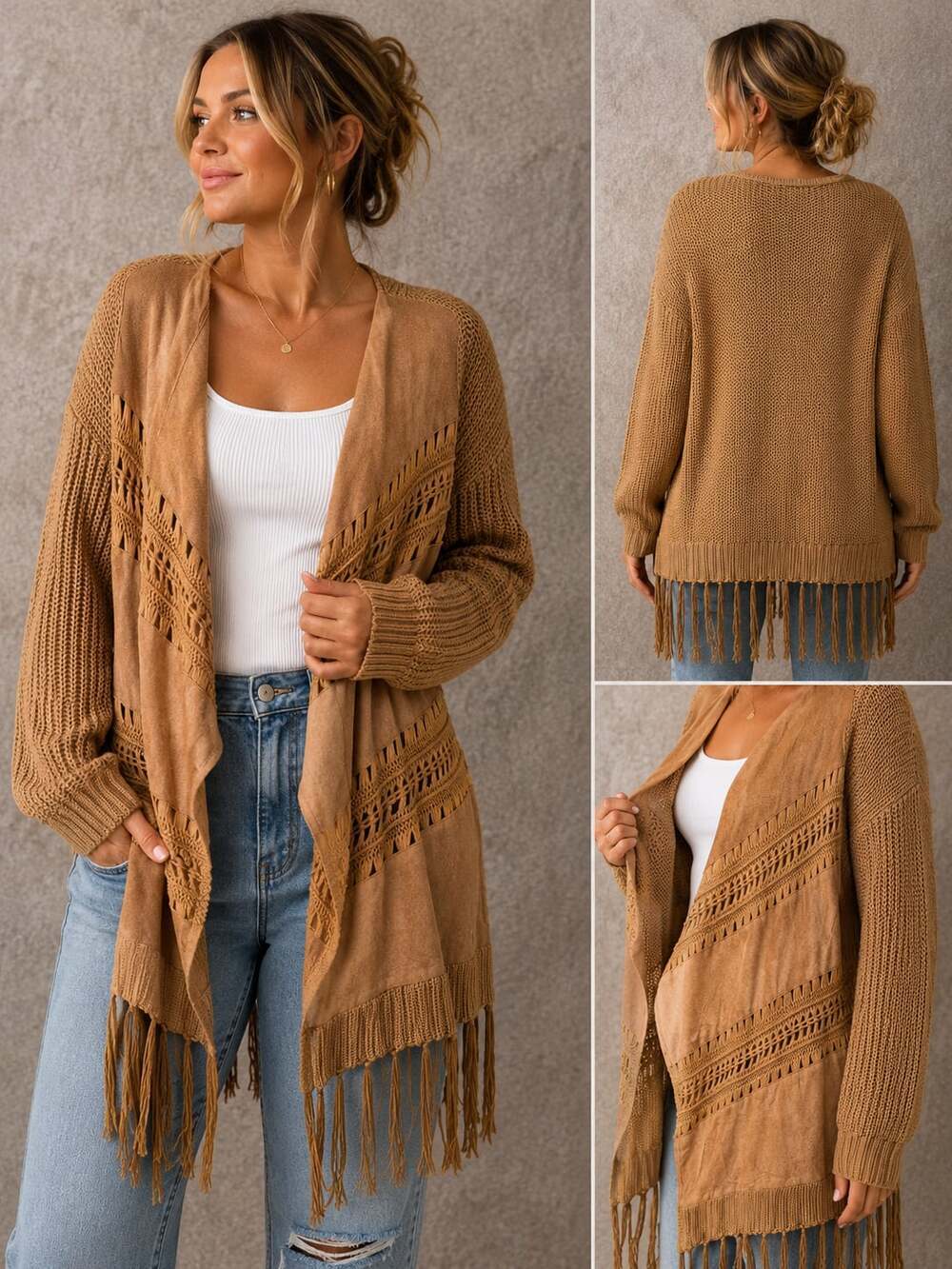 Venus Women's Brown Faux Suede and Knit Fringe Open Front Cardigan